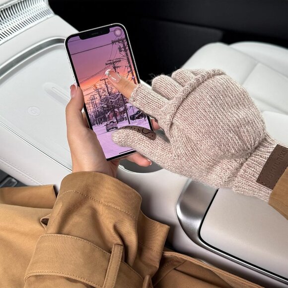 🆕Women and Men Beige Convertible Warm Wool Fingerless Gloves Flap Top Mittens - Picture 8 of 8